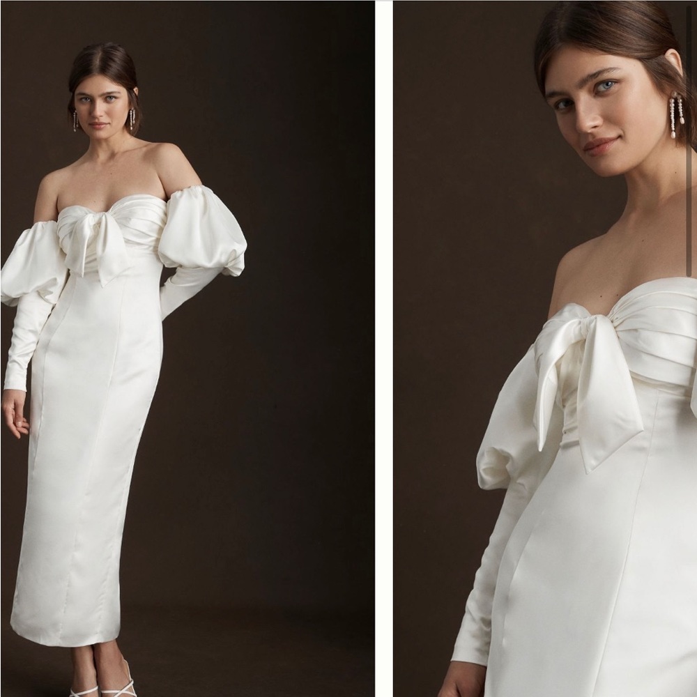 RONNY KOBO AMANDA OFF-SHOULDER PUFF-SLEEVE BACK-SLIT SLIM MIDI DRESS